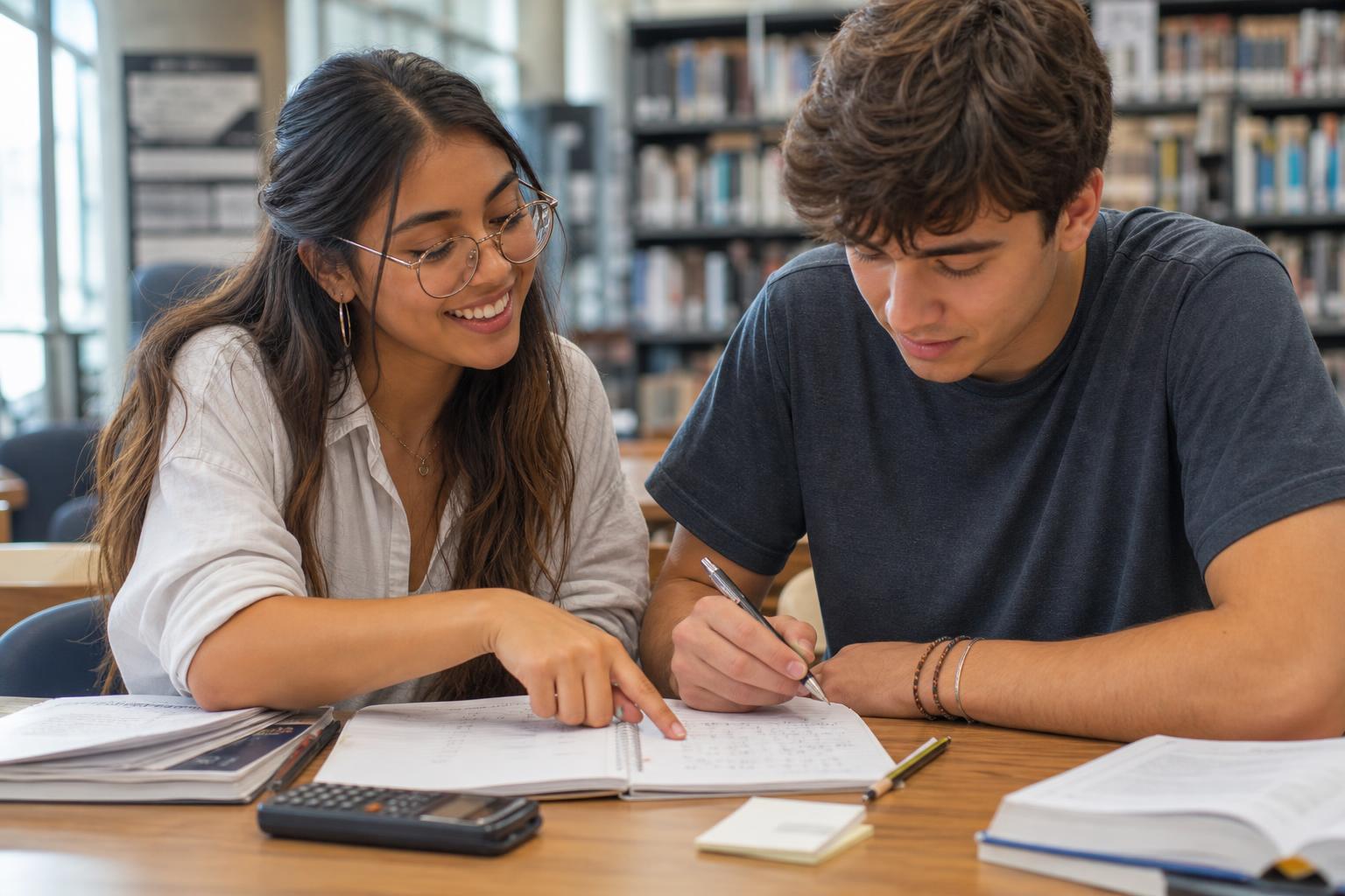 En vänlig ung latinsk lärare med runda glasögon hjälper en elev med matteläxa i biblioteket